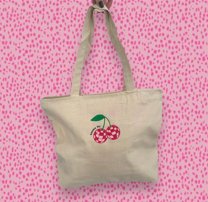 Disco Cherry Embroidered Tote Bag with Zipper