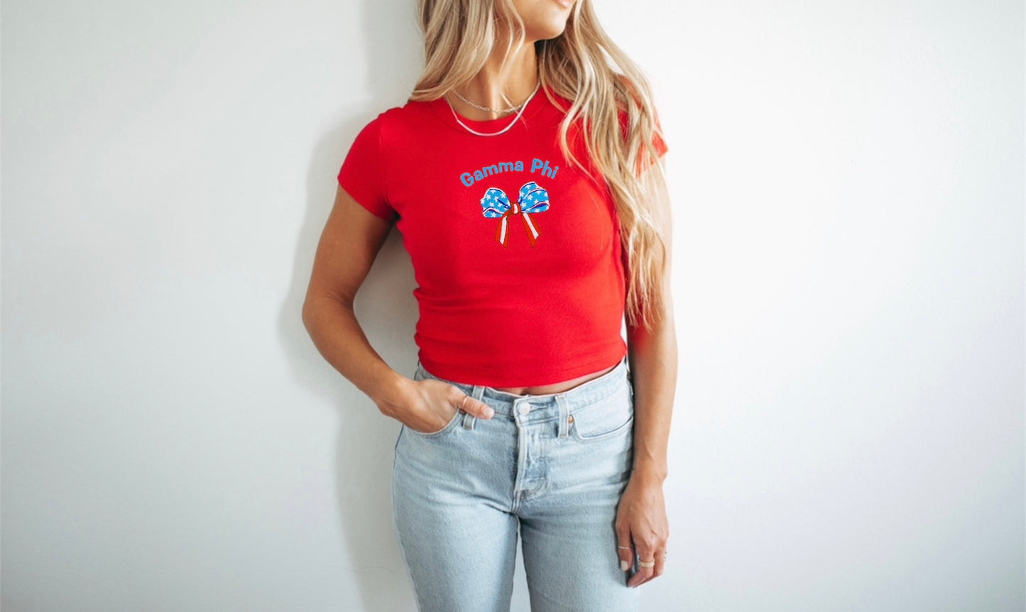 Embroidered Sorority American Bow Crop Top